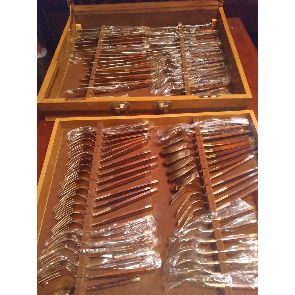Jean Claude Flatware Set Service for 12 Wood Handles 74 Pieces Mid‎ Century